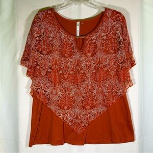 NY Collection Womens Blouse size Large Sienna Layered Lace Scarf Metal Detail